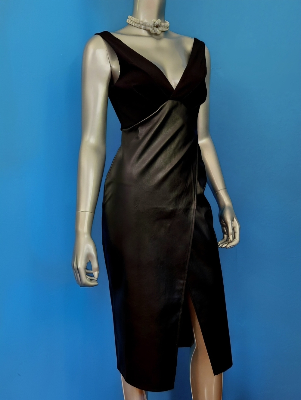 🆕️🎼ASOS Drop Back Plunge Neckline Faux Leather Midi Dress w/ Draping  // (NWT)